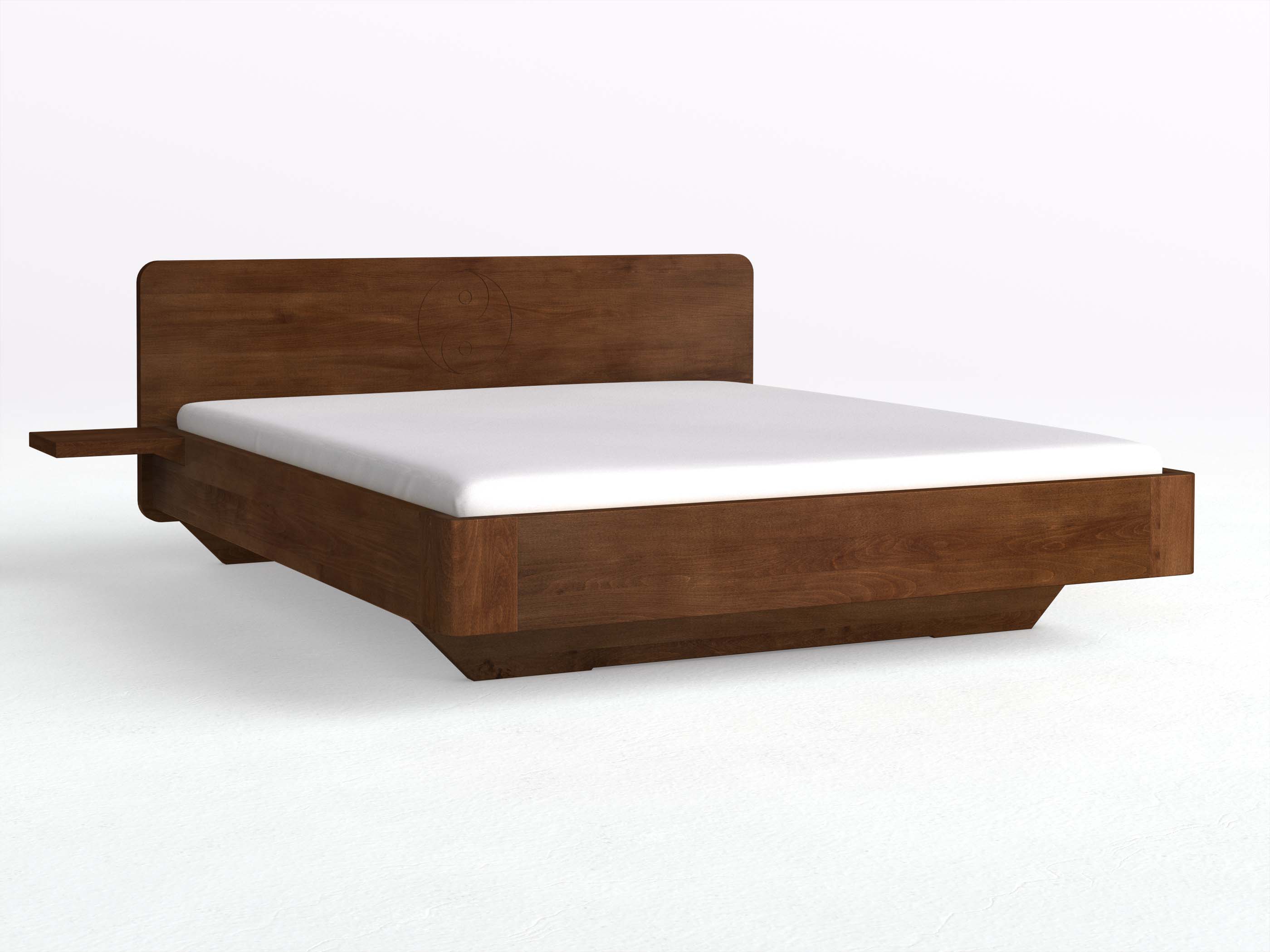 Buchenbett Dunkel „Clara“ mit 2 Ablagen und der Gravur „Yin Yang“