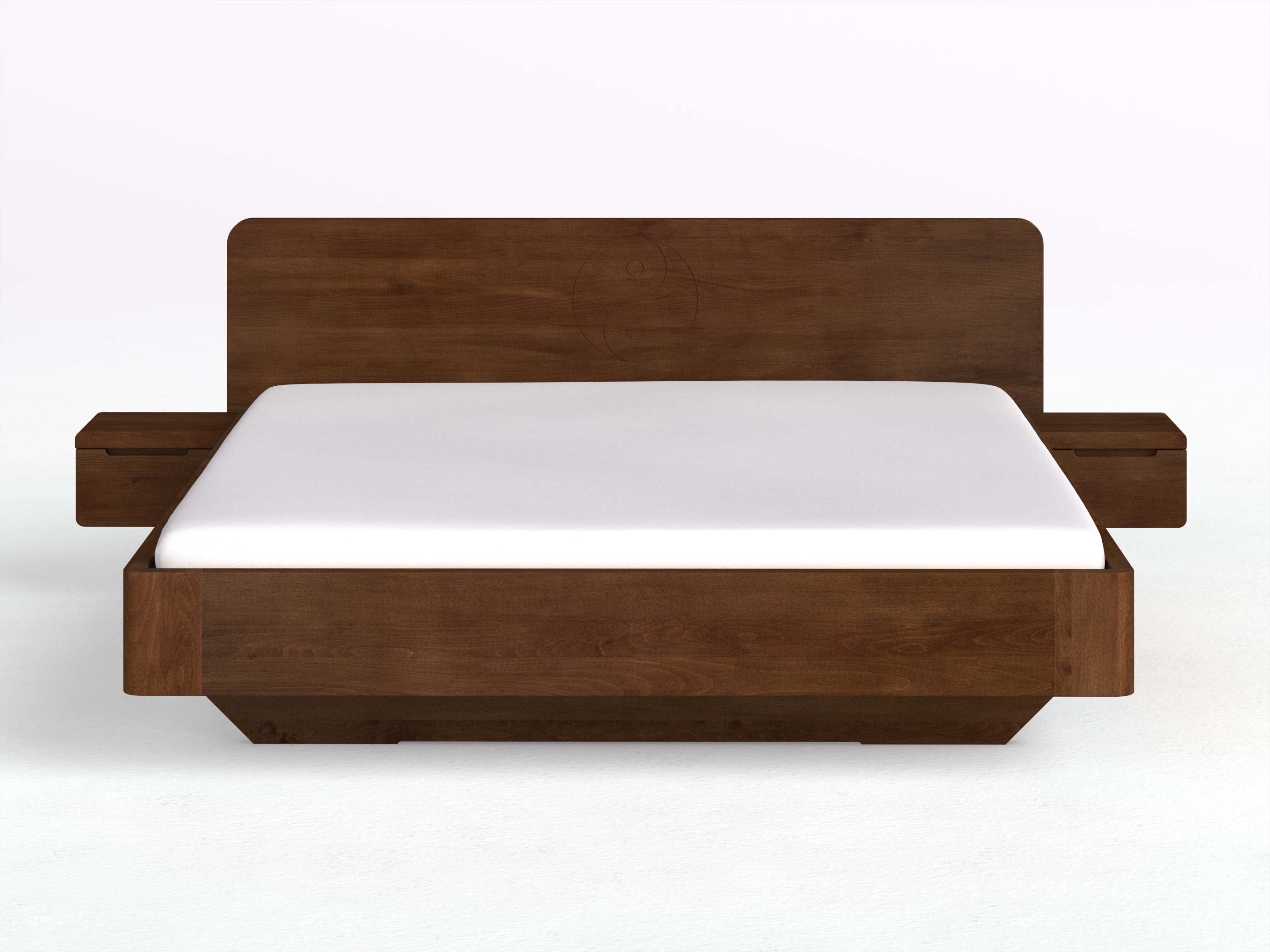 Buchenbett Dunkel „Clara“ mit 2 Nachttischen Griff: Griffleiste B und der Gravur „Yin Yang“