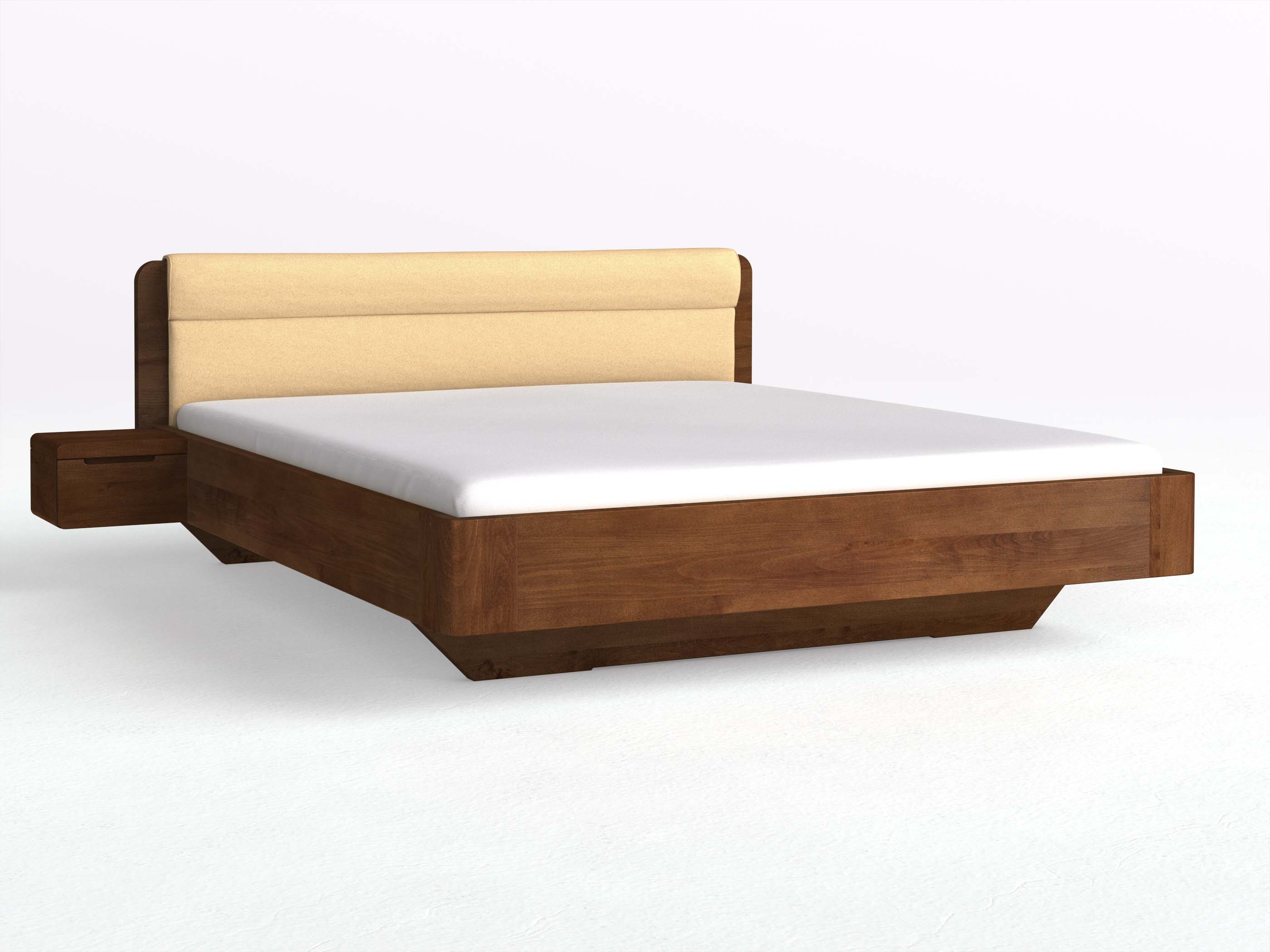 Buchenbett Dunkel „Clara“ in 180 x 200 cm mit 2 Nachttischen - Griff: Griffleiste B und Stoffkopfteil - Stoff: Schafschurwolle „Fischgrät“ in der Farbe Goldhirse