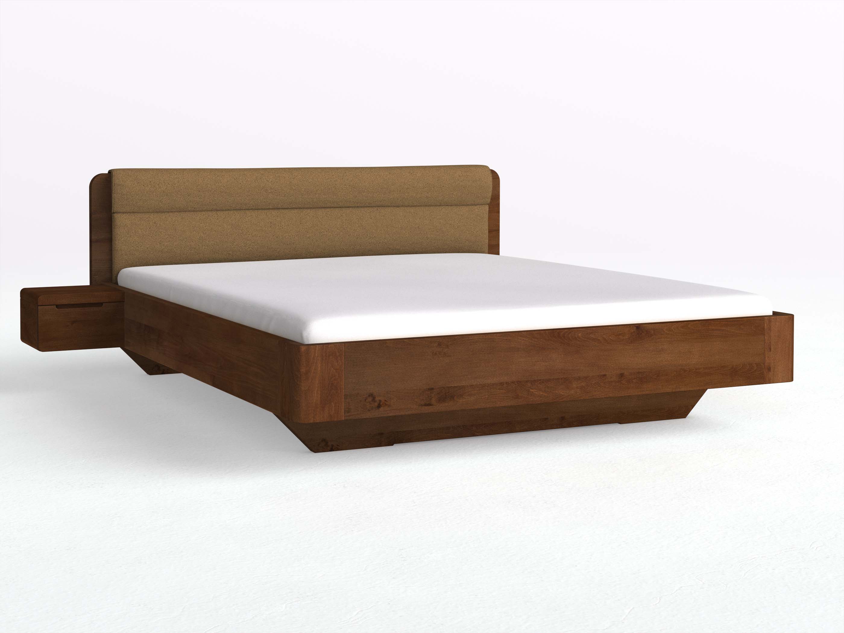 Buchenbett Dunkel „Clara“ in 180 x 200 cm mit 2 Nachttischen - Griff: Griffleiste B und Stoffkopfteil - Stoff: Schafschurwolle „Loden“ in der Farbe Zimtrinde