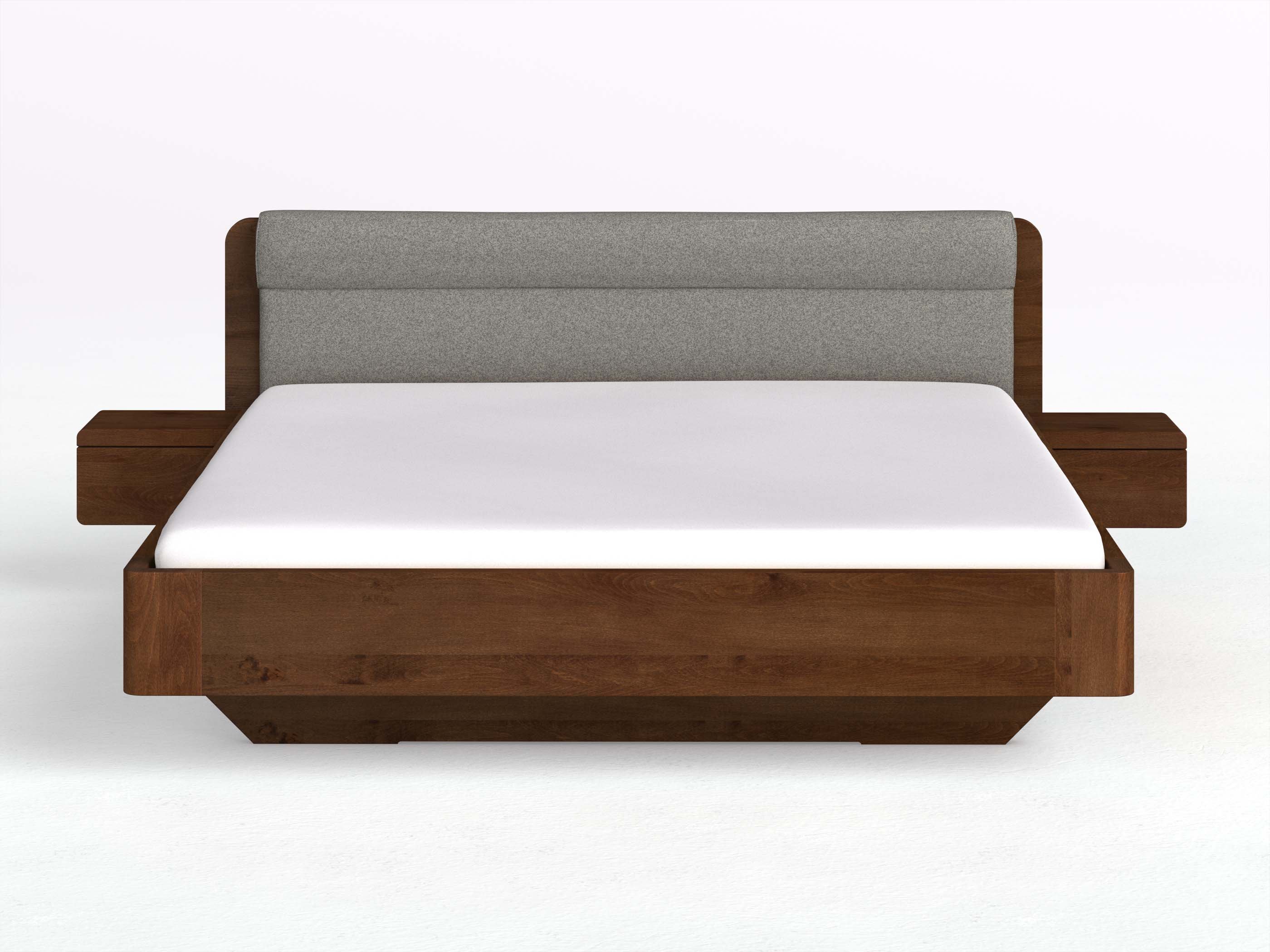 Buchenbett Dunkel „Clara“ in 180 x 200 cm mit 2 Nachttischen - Griff: Grifflos und Stoffkopfteil - Stoff: Schafschurwolle „Fischgrät“ in der Farbe Grauer Mohn