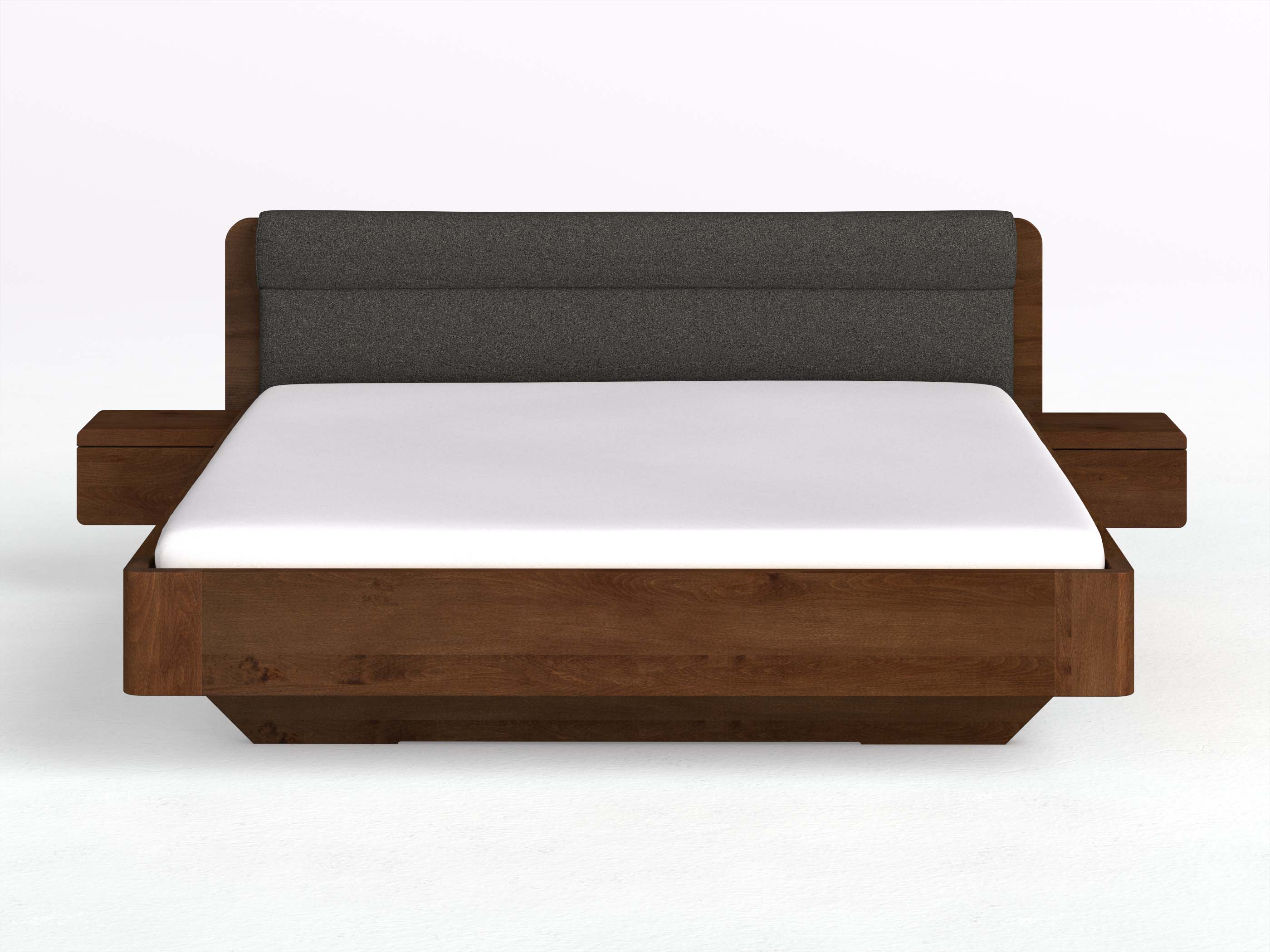 Buchenbett Dunkel „Clara“ in 180 x 200 cm mit 2 Nachttischen - Griff: Grifflos und Stoffkopfteil - Stoff: Schafschurwolle „Loden“ in der Farbe Anthrazit