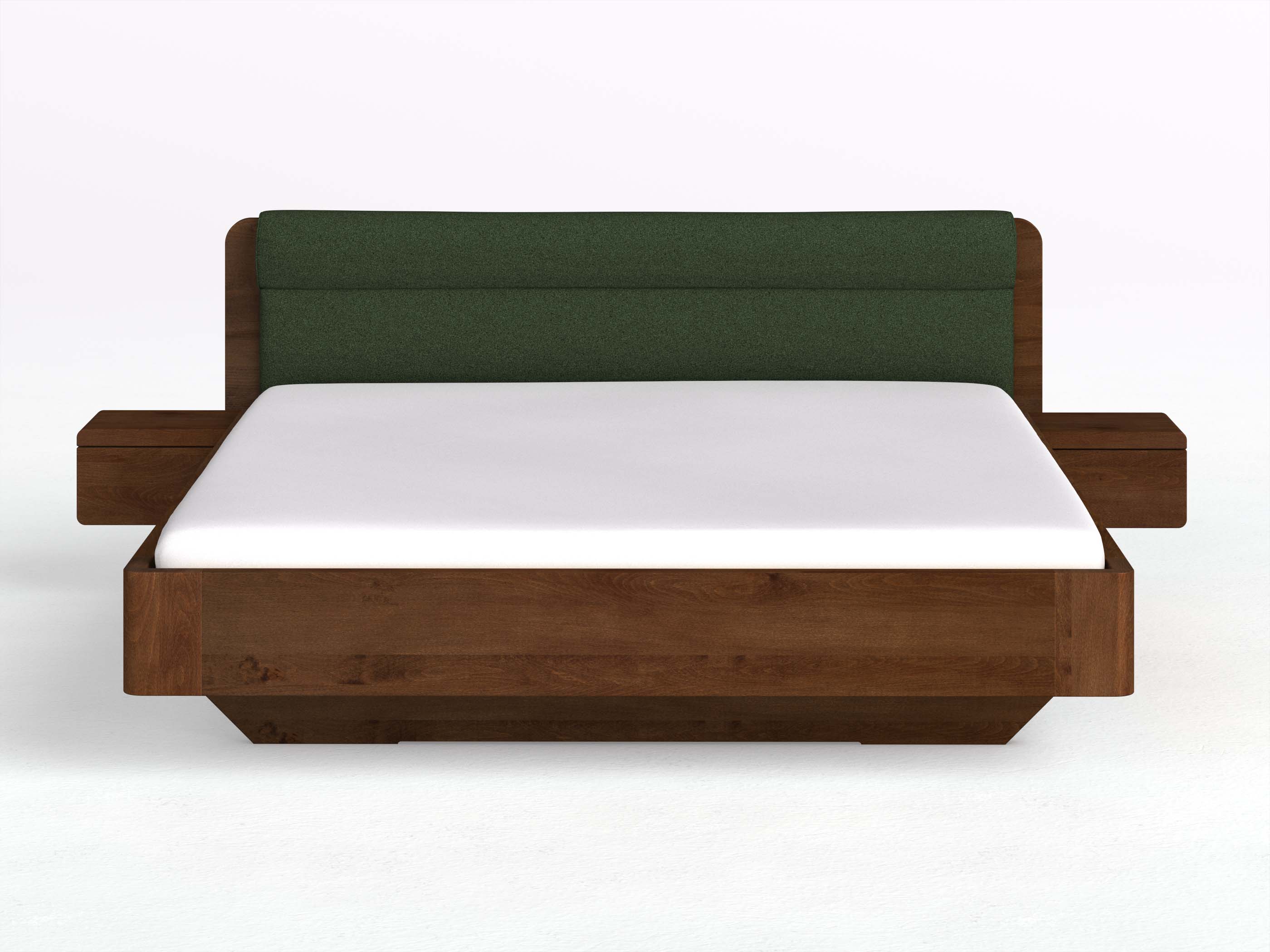 Buchenbett Dunkel „Clara“ in 180 x 200 cm mit 2 Nachttischen - Griff: Grifflos und Stoffkopfteil - Stoff: Schafschurwolle „Loden“ in der Farbe Tannenwald