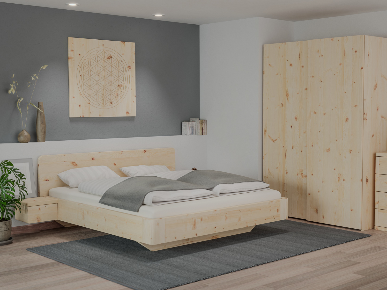 Schlafzimmer mit Zirbenbett „Clara“ in 180 x 200 cm, mit zwei Nachttischen