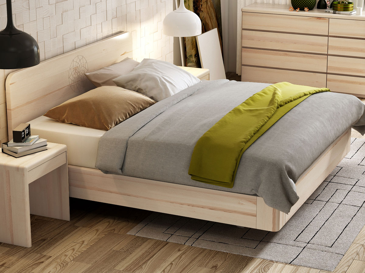 Schlafzimmer mit Eschenbett "Clara" Boxspring mit Gravur 180 x 200 cm