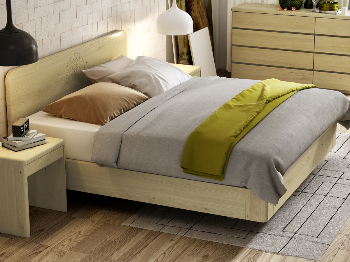 Schlafzimmer mit Kastanienbett "Clara" Boxspring mit Gravur 180 x 200 cm