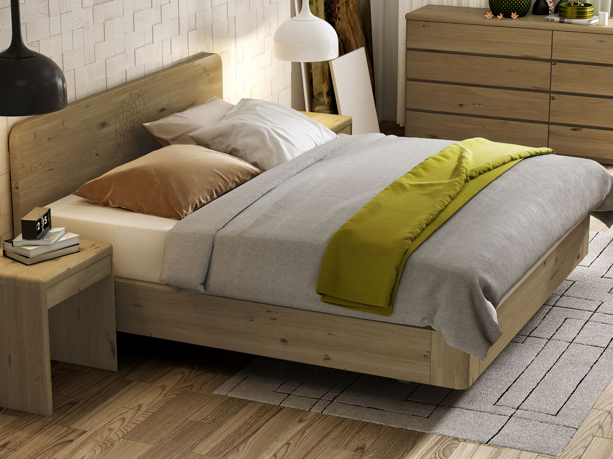 Schlafzimmer mit Wildeichenbett "Clara" Boxspring mit Gravur 180 x 200 cm