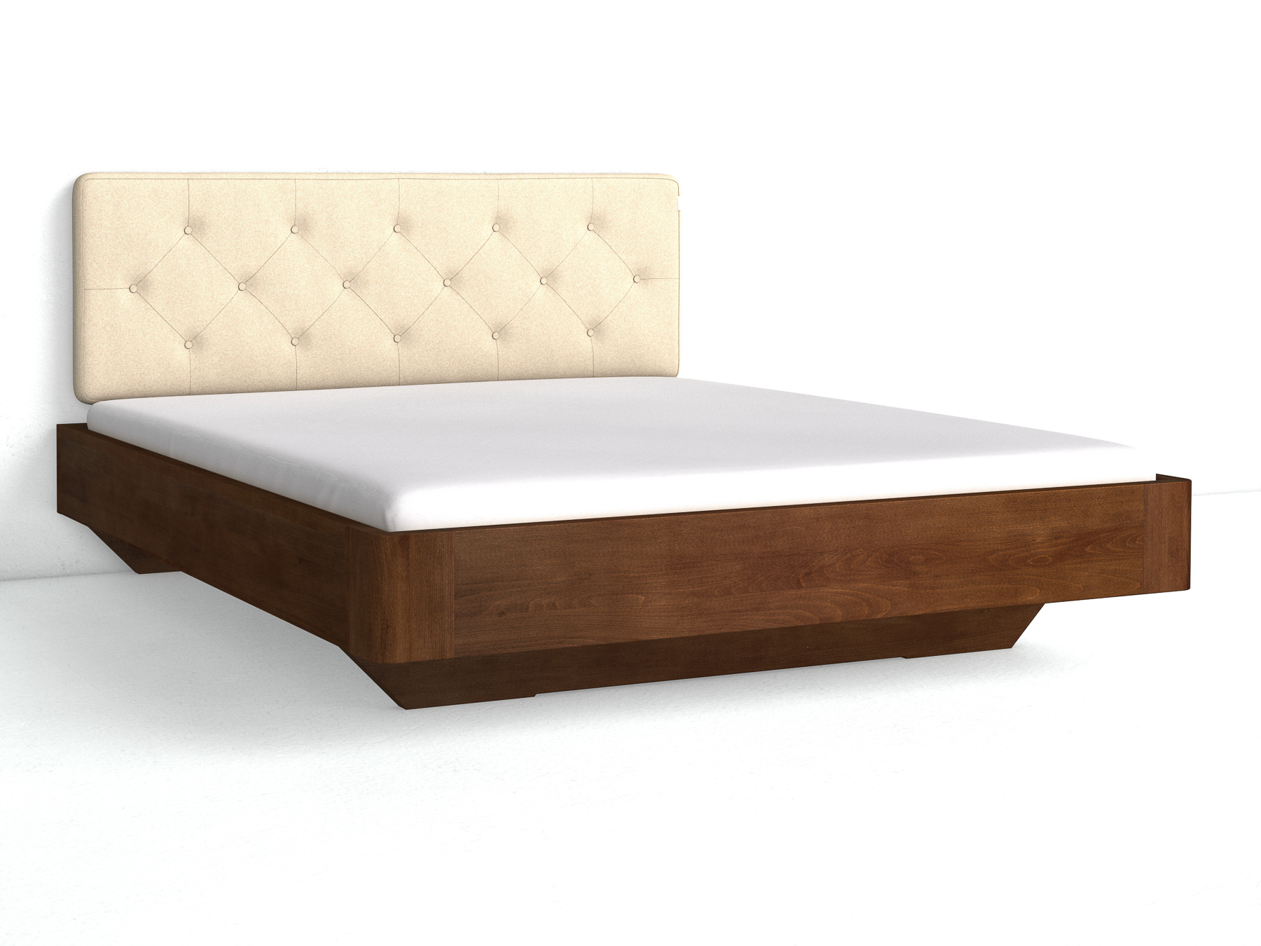 Buchenbett Dunkel „Clarissa" mit Polsterkopfteil „Dennis" geknöpft, 180 cm, Fischgrät in Holunderblüte