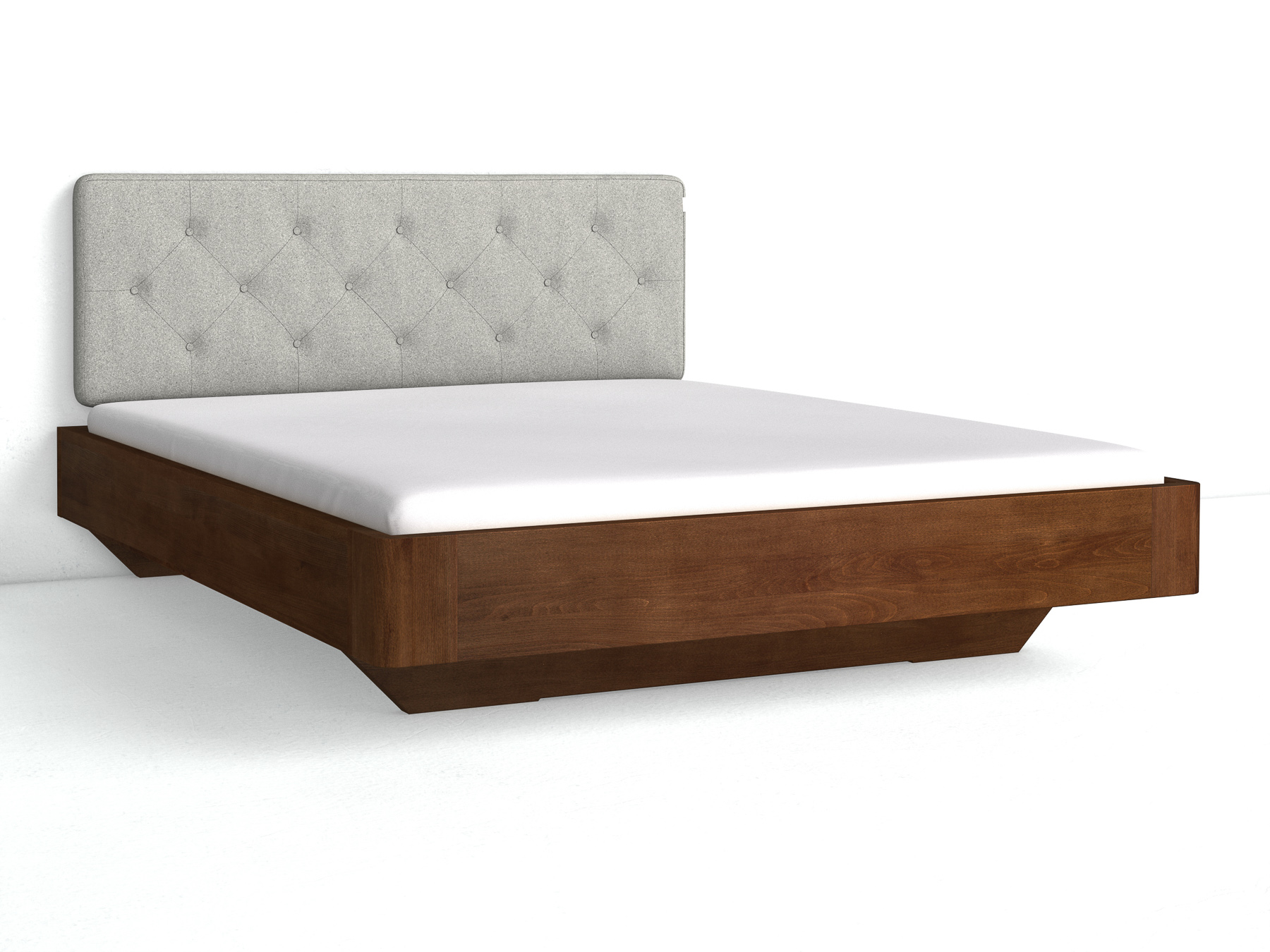 Buchenbett Dunkel „Clarissa" mit Polsterkopfteil „Dennis" geknöpft, 180 cm, Loden in Nebelgrau