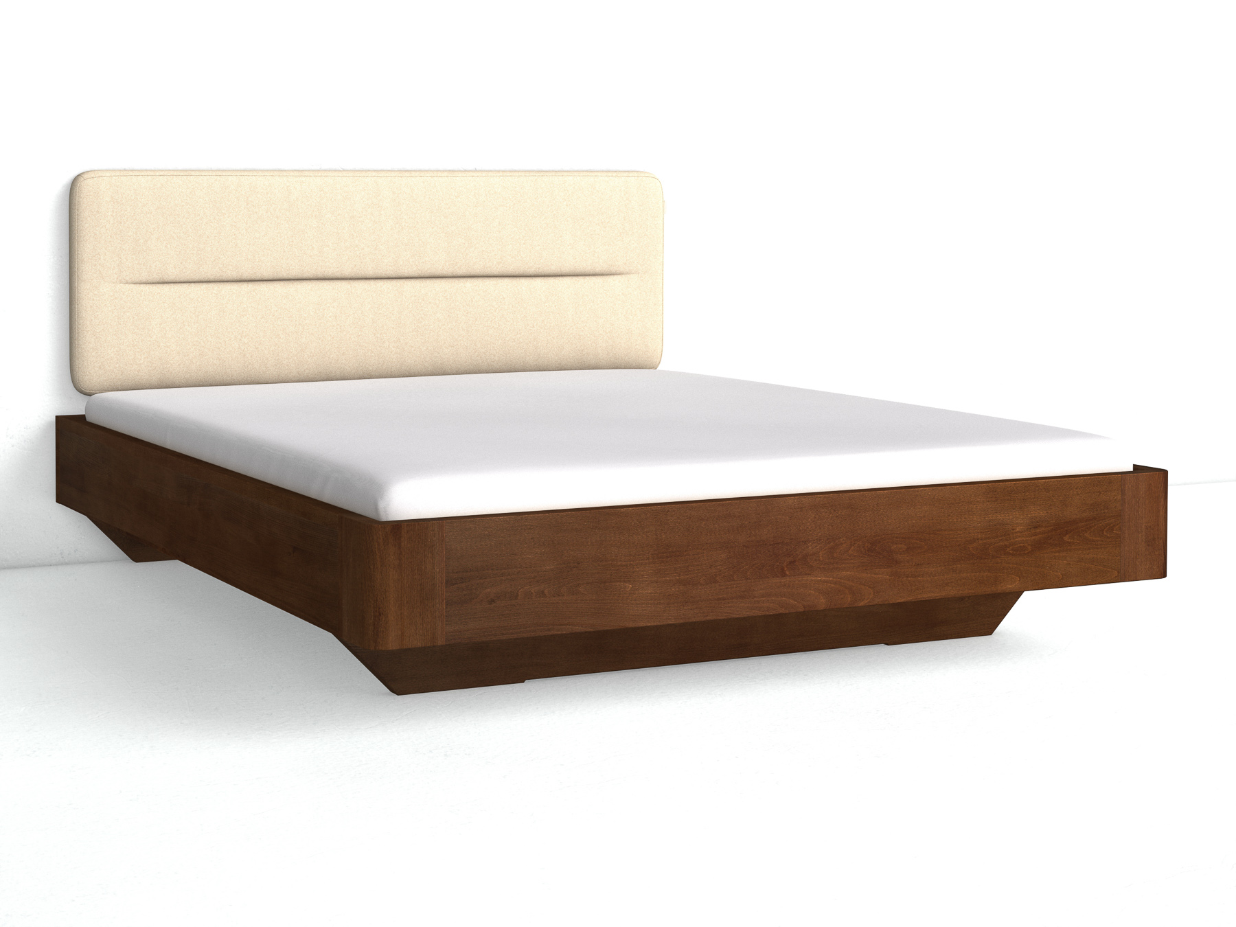 Buchenbett Dunkel „Clarissa" mit Polsterkopfteil „Dennis" genäht, 180 cm, Fischgrät in Holunderblüte