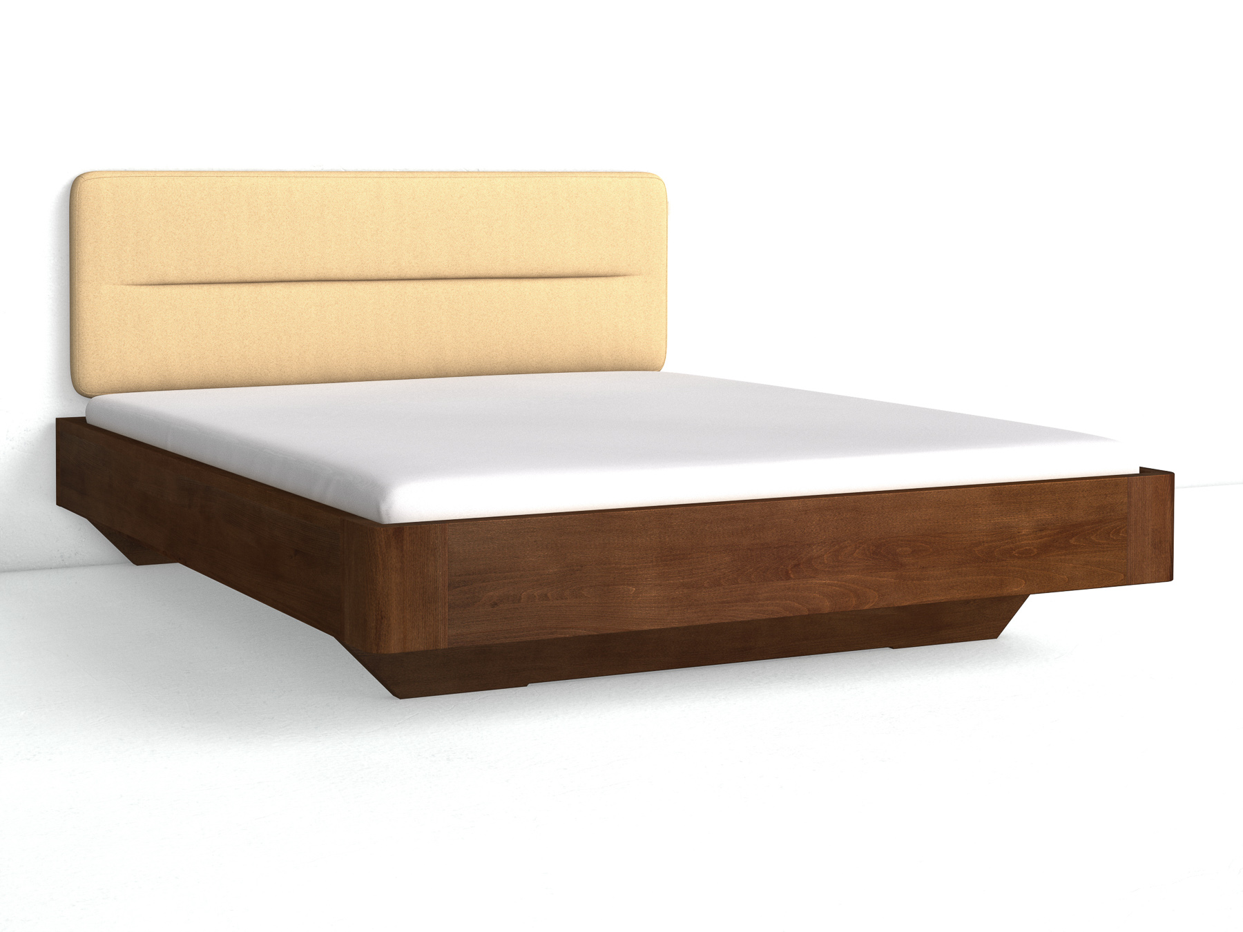 Buchenbett Dunkel „Clarissa" mit Polsterkopfteil „Dennis" genäht, 180 cm, Fischgrät in Goldhirse