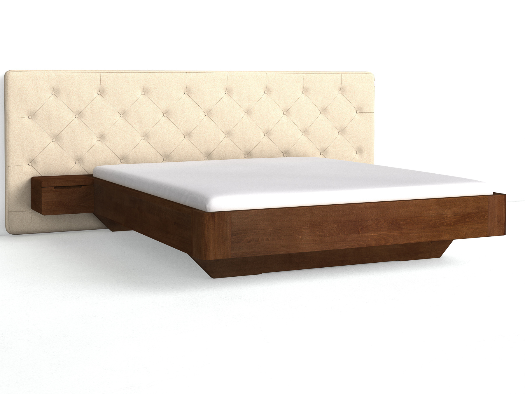 Buchenbett Dunkel „Clarissa" mit Polsterkopfteil „Michael" geknöpft, 290 cm, Fischgrät in Holunderblüte