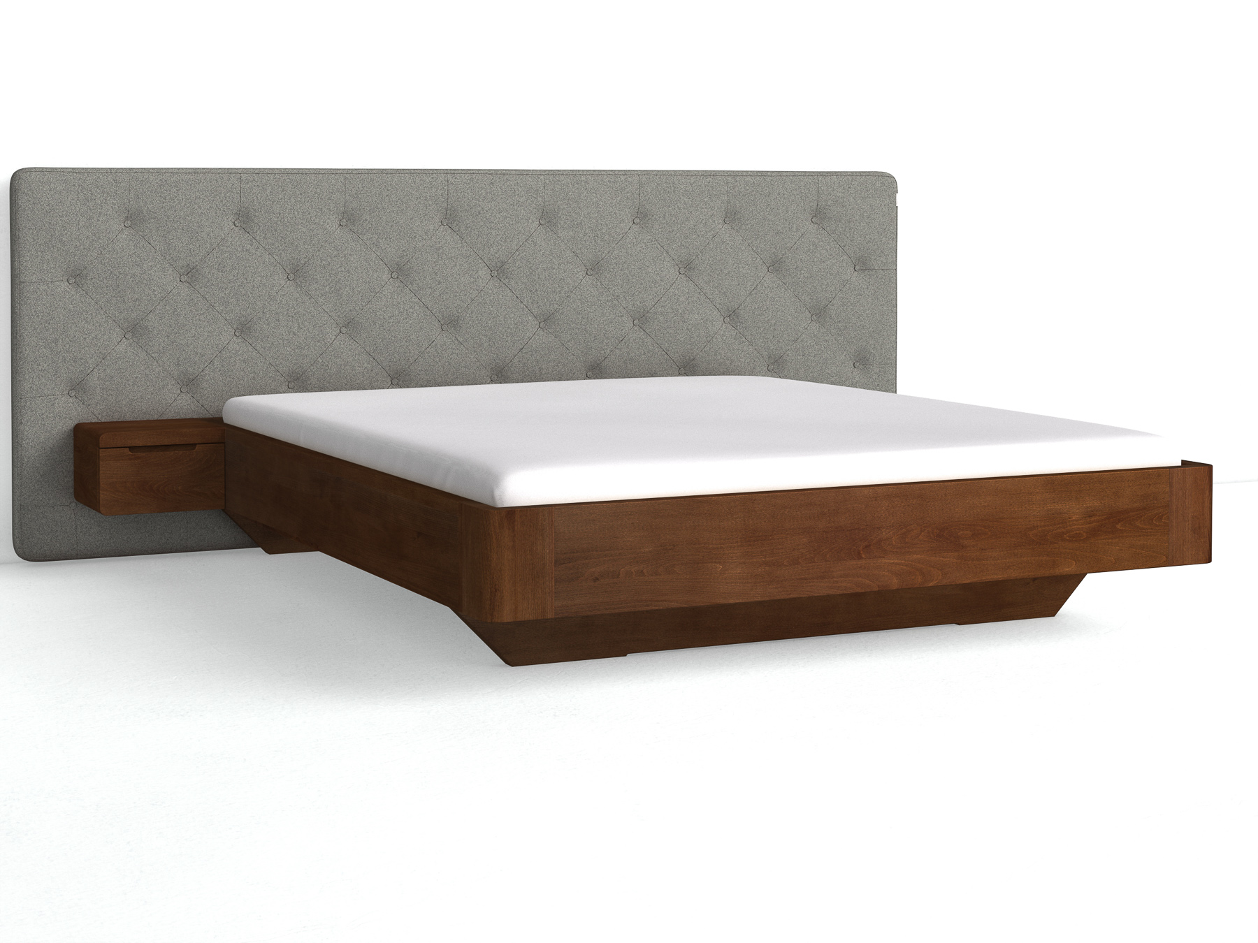 Buchenbett Dunkel „Clarissa" mit Polsterkopfteil „Michael" geknöpft, 290 cm, Fischgrät in Grauer Mohn