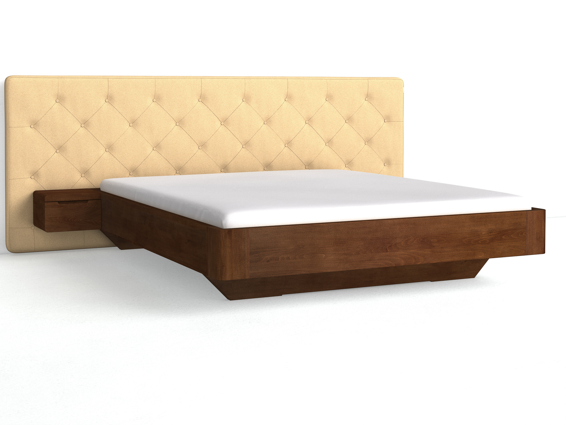 Buchenbett Dunkel „Clarissa" mit Polsterkopfteil „Michael" geknöpft, 290 cm, Fischgrät in Goldhirse