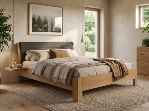Eichenbett Hell „Alessia“ in 180 x 200 cm mit zwei Ablagen und Stoff: Schafschurwolle „Loden“ in der Farbe Anthrazit