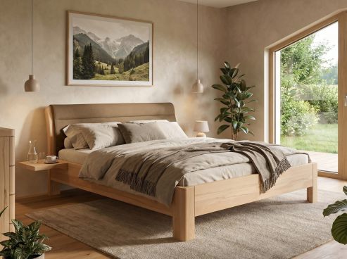 Buchenbett „Cloe" 180 x 200 cm, mit 2 Ablagen. Stoffkopfteil Schafschurwolle „Fischgrät" in der Farbe Hollunderblüte