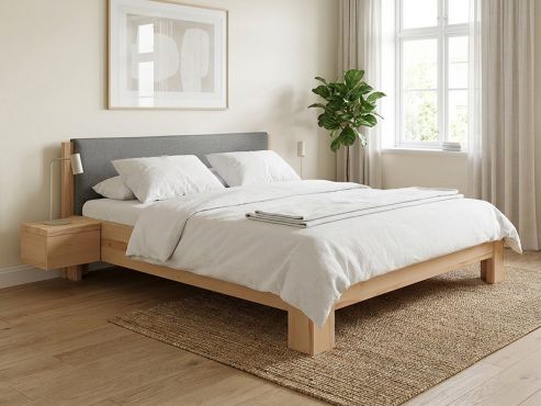 „Alois“ in 180 x 200 cm, mit Stoffkopfteil - Stoff: Schafschurwolle „Loden“ in der Farbe Abenddämmerung