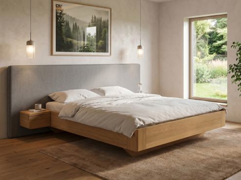Eichenbett Hell „Clarissa" mit Polsterkopfteil „Michael" glatt, 290 cm, Loden in Nebelgrau