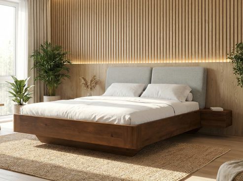 Buchenbett Dunkel „Cloe“ in 180 x 200 cm mit 2 Nachttischen - Griff: Grifflos und Stoffkopfteil - Stoff: Schafschurwolle „Loden“ in der Farbe Nebelgrau