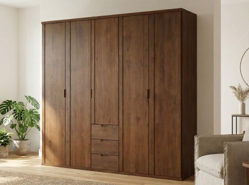 Buchenschrank Dunkel „Egon“, 5-türig, Höhe 220 cm, Griffausführung „Patrizia“, Inneneinrichtung: E