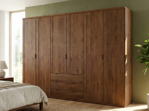 Buchenschrank Dunkel „Egon“, 6-türig, Höhe 220 cm, Griffausführung „Heidi“, Inneneinrichtung: D