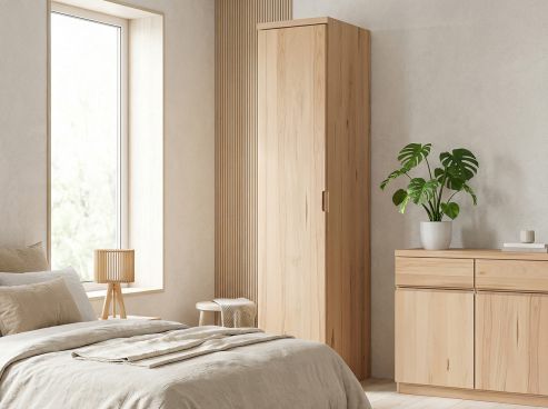 Buchenschrank „Egon“, 1-türig, Höhe 220 cm, Griffausführung „Lukas“, Türanschlag links