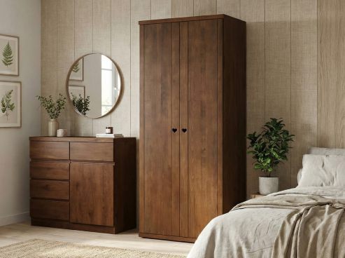 Buchenschrank Dunkel „Egon“, 2-türig, Höhe 220 cm, Griffausführung „Patrizia“, Inneneinrichtung: A