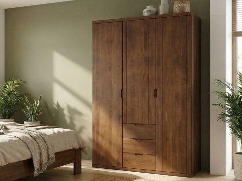 Buchenschrank Dunkel „Egon“, 3-türig, Höhe 220 cm, Griffausführung „Lukas“, Inneneinrichtung: E