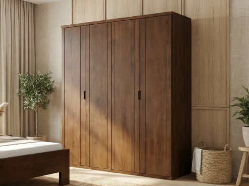 Buchenschrank Dunkel „Egon“, 4-türig, Höhe 220 cm, Griffausführung „Lukas“, Inneneinrichtung: A