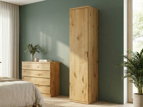 Wildeichenschrank „Romana“, 1-türig, Höhe 220 cm, Griffausführung „Heidi“, Türanschlag: rechts