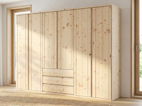 Zirbenschrank „Egon“, 6-türig, Höhe 220 cm, Griffausführung „Patrizia“, Inneneinrichtung: D