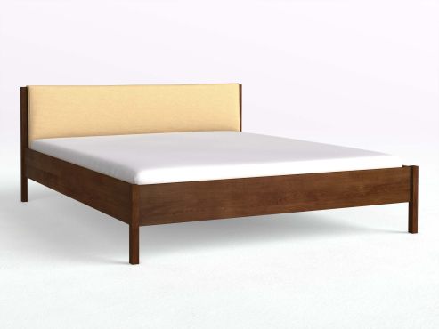 Buchenbett Dunkel „Flora“ in 180 x 200 cm, mit Stoffkopfteil - Stoff: Schafschurwolle „Fischgrät“ in der Farbe Goldhirse