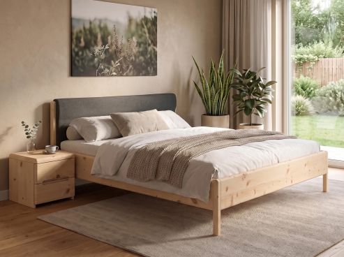 Zirbenbett „Florentina“ in 180 x 200 cm, mit Stoffkopfteil - Stoff: Schafschurwolle „Loden“ in der Farbe Anthrazit