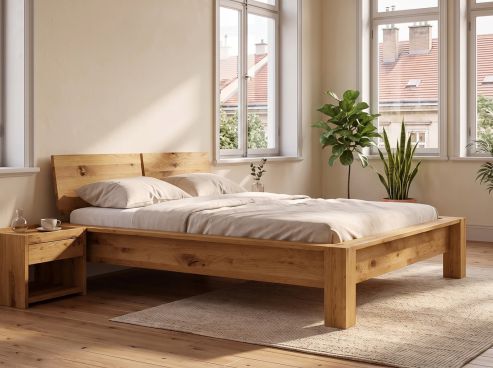 Wildeichenbett „Hanna“ in 180 x 200 cm mit zweigeteiltem Kopfteil