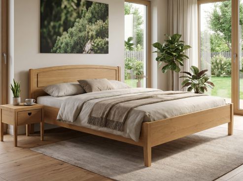 Schlafzimmer mit Eichenbett Hell „Heidi“ in 180 x 200 cm mit niedrigem runden Fußteil und mit Kopfteil „Herz“