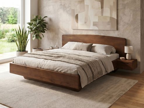 Buchenbett Dunkel „Johanna“ in 180 x 200 cm, mit zwei Nachttischen Griff: Grifflos