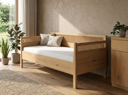 Sofabett „Julia“ aus Wildeiche Hell in den Maßen 90 x 200 cm - mit Armlehne links