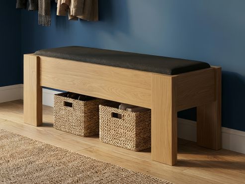 Bank Eiche Hell „Manfred“ in Komforthöhe, Stoff: Loden in der Farbe Anthrazit