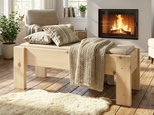 Bank Zirbe „Manfred“ in Komforthöhe, Stoff: Loden in der Farbe Holunderblüte