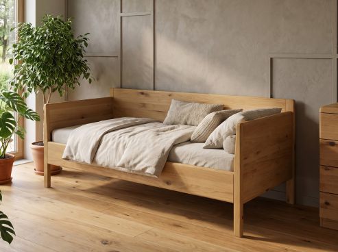 Sofabett „Marina“ aus Wildeiche Hell in den Maßen 90 x 200 cm - mit zwei Armlehnen