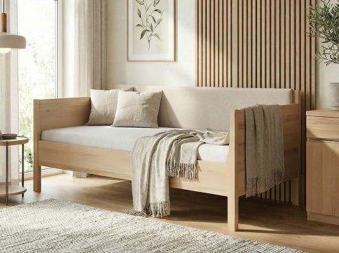 Kernbuchen-Schlafsofa „Melanie“ 90 x 200 cm - mit zwei Armlehnen und Stoffkopfteil - Stoff: Schafschurwolle „Fischgrät“ in der Farbe Holunderblüte