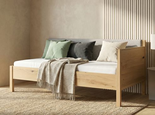 Wildeichen-Schlafsofa Hell „Melanie“ 90 x 200 cm - mit Armlehne rechts und Stoffkopfteil - Stoff: Schafschurwolle „Loden“ in der Farbe Nebelgrau