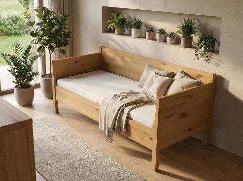 Sofabett „Melanie“ aus Wildeiche Hell in den Maßen 90 x 200 cm - mit Armlehne links