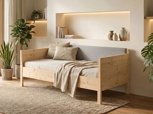 Zirben-Schlafsofa „Melanie“ 90 x 200 cm - mit zwei Armlehnen und Stoffkopfteil - Stoff: Schafschurwolle „Loden“ in der Farbe Nebelgrau