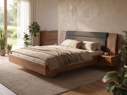 Buchenbett Dunkel „Nadja“ in 180 x 200 cm, mit zwei Nachttischen (40cm) Griff: Griffleiste B und Stoff: Schafschurwolle „Loden“ in der Farbe Anthrazit