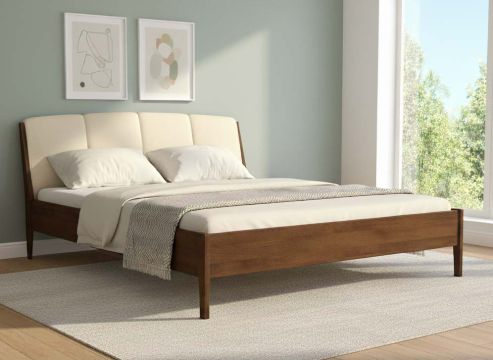 Buchenbett Dunkel „Oliver“ in 180 x 200 cm, mit Kopfteil „genäht“ - Stoff: Schafschurwolle „Fischgrät“ in der Farbe Holunderblüte