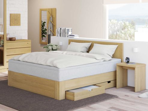 Boxspringbett „Alois“ aus Eiche Hell ohne Gravur, mit zwei Unterbettkommoden (2 x 91 cm) rechts