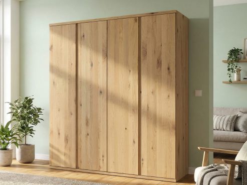 Wildeichenschrank Hell „Romana“, 4-türig, Höhe 220 cm, Griffausführung „Patrizia“