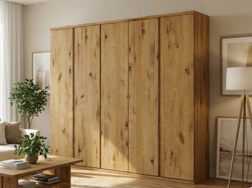 Wildeichenschrank „Romana“, 5-türig, Höhe 220 cm, Griffausführung „Patrizia“