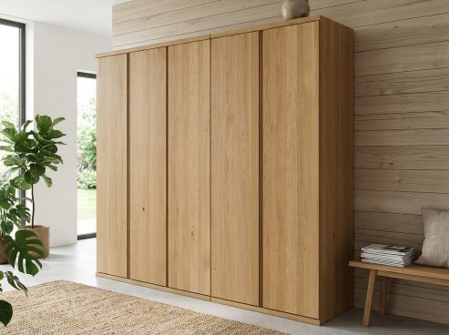 Eichenschrank Hell „Romana“, 5-türig, Höhe 220 cm, Griffausführung „Patrizia“